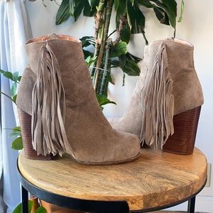 Jeffrey Campbell Suede Leather Tassel Boots Gray Brown Bootie Heel
